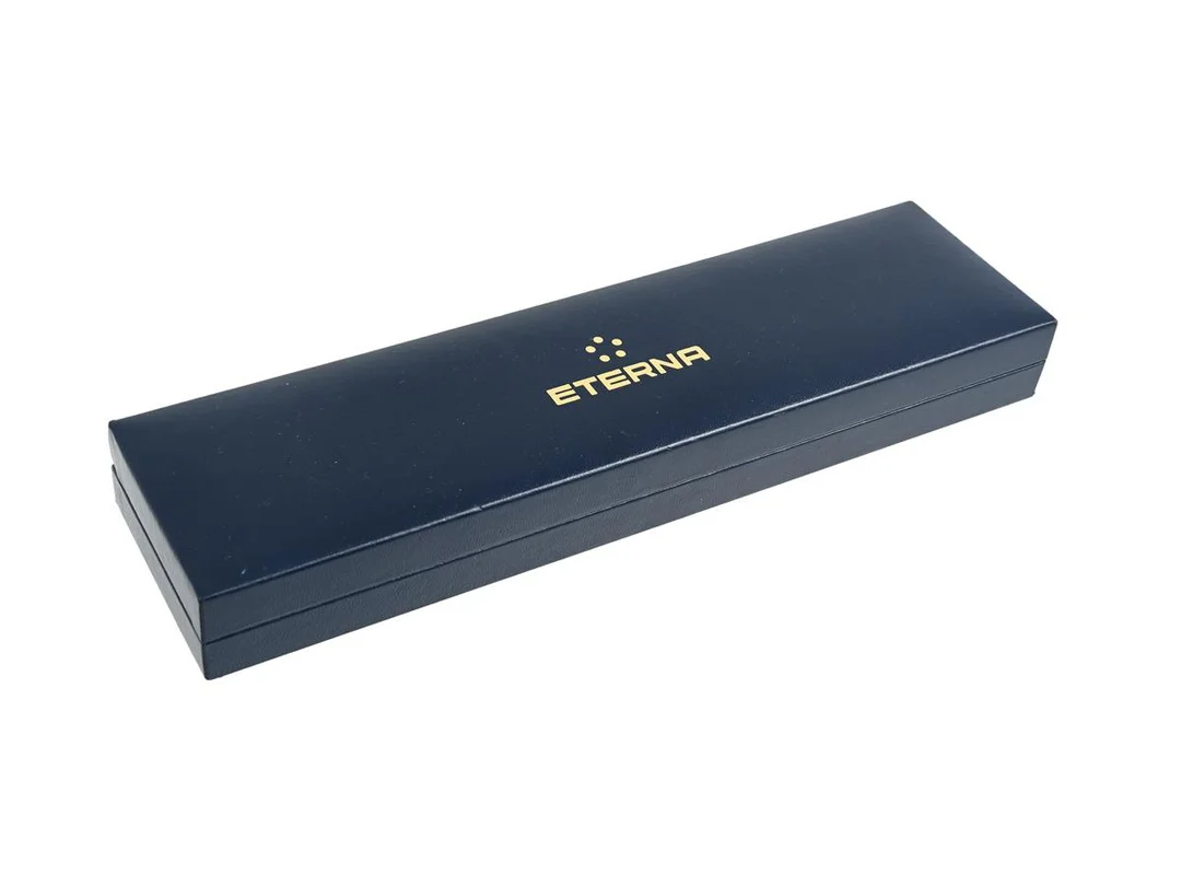 BOX, till Eterna armbandsur, mörkblå, 245 x 66 x 31 mm, ca 1995. — Klocktillbehör/Eterna — Kaplans