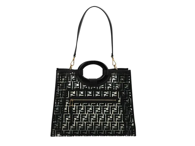 VÄSKA, FENDI, Runway Tote Bag, monogram FF, plast, svart läder, guldfärgade beslag, 41x28x14 cm, avtagbar axelrem, dustbag.