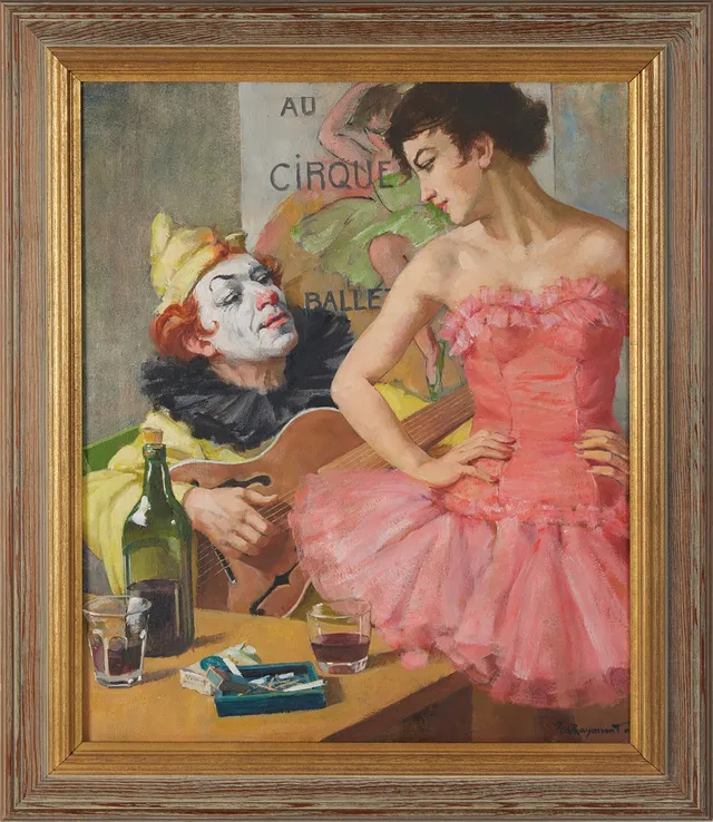 PHILIPPE DE ROUGEMONT (1891-1965). Figurscen med spelande clown, olja på pannå.