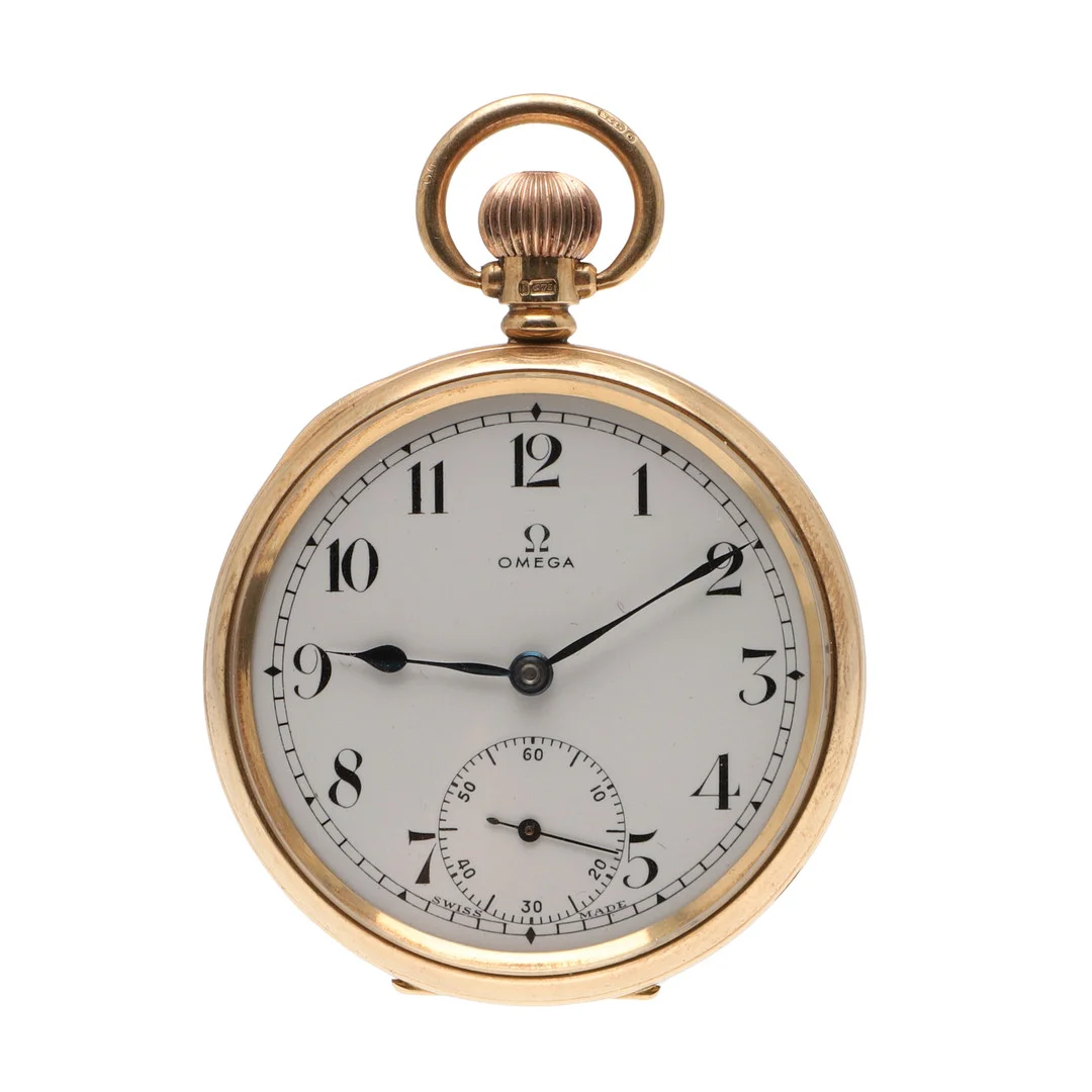 A 9CT GOLD OPEN FACED POCKET WATCH BY OMEGA. — Pocket & Stop Watches — Lawrences Auctioneers