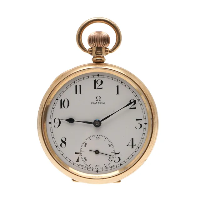 A 9CT GOLD OPEN FACED POCKET WATCH BY OMEGA.