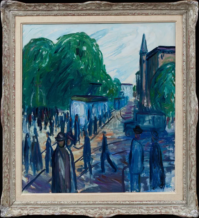 WALDEMAR SJÖLANDER. Motiv från Göteborg med spårvagn och figurer, olja på duk, signerad.