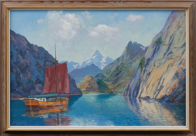 ALFRED COLLIN. "Motiv från Troldfjorden Nord-Norge", olja på pannå, signerad.