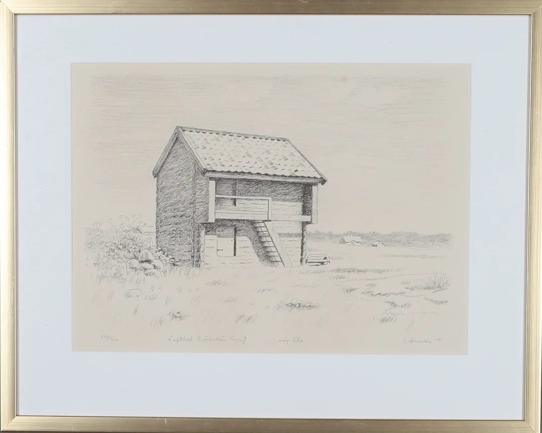 IVAN HUMBLA. "Loftbod, Björkskär", litografi, signerad, numrerad 266/310 och daterad -61. — Engravings & Prints — Gomér & Andersson Norrköping