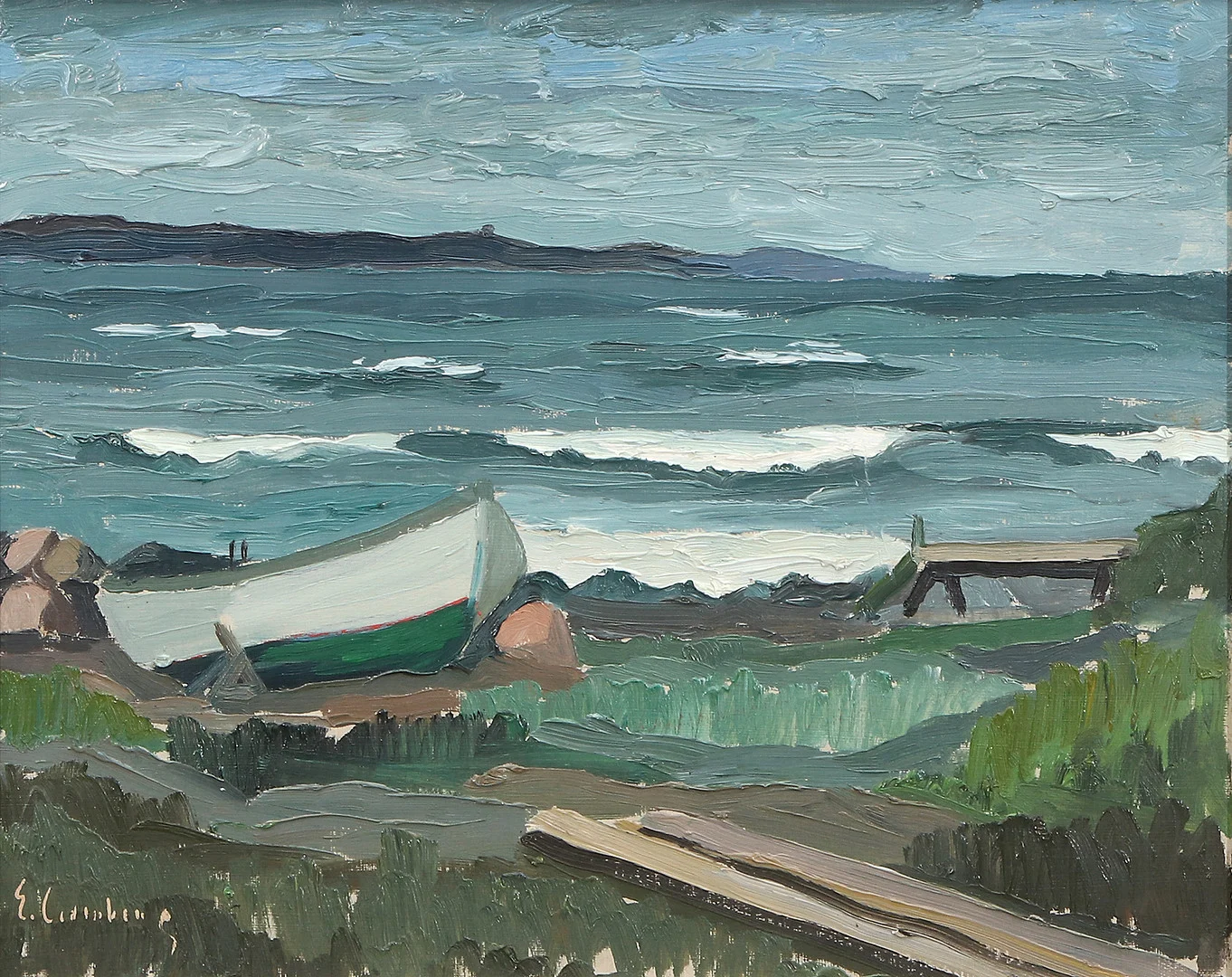 ERIC CEDERBERG. Oljemålning på pannå. Strandparti med uppdragen båt. Signerad: E. Cederberg. — Paintings — Skånes Auktionsverk