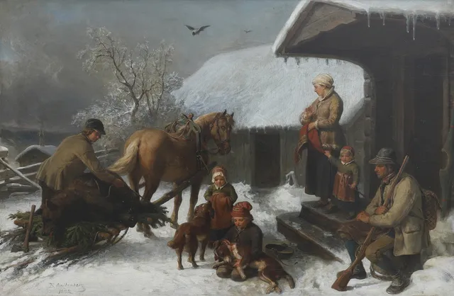 BENGT NORDENBERG. "EFTER BJÖRNJAKTEN", 1882, MOTIV FRÅN DALARNA.