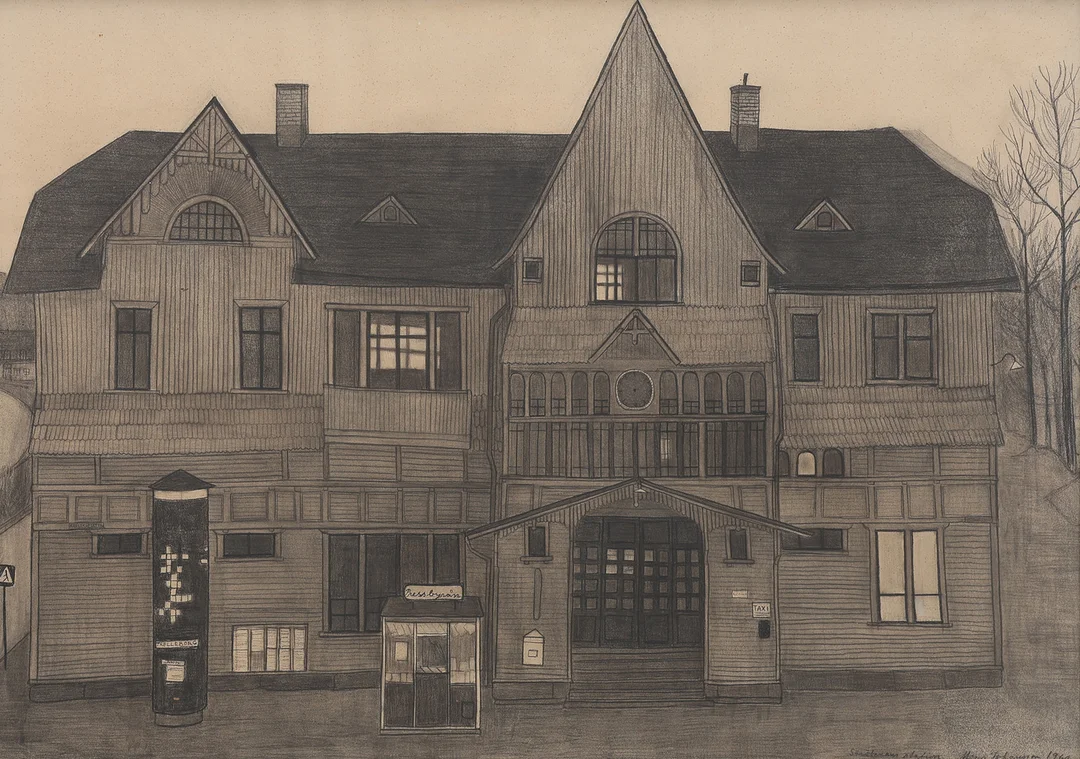 MONA JOHANSSON (1924-2010), "SÄRÖBANANS STATION" (Karlsroplatsen, Göteborg) kolteckning, förlagan för litografin med samma titel. Signerad och daterad 1960. (byggnaden revs samma år). — Drawings — Crafoord Auktioner Lund