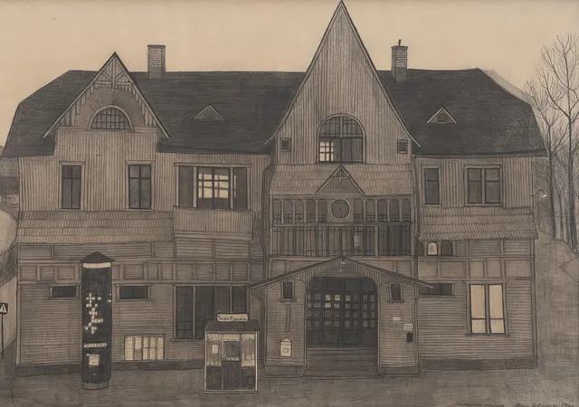 MONA JOHANSSON (1924-2010), "SÄRÖBANANS STATION" (Karlsroplatsen, Göteborg) kolteckning, förlagan för litografin med samma titel. Signerad och daterad 1960. (byggnaden revs samma år).