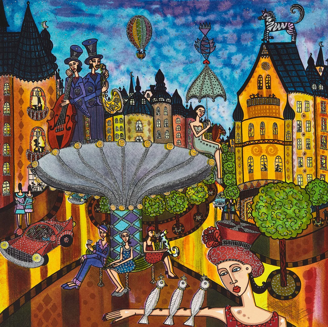 ANGELICA WIIK (född 1960), "Svampen" - ur Stockholmsdrömmar, signerad, XII / XIX, färgitografi med glitter. — Engravings & Prints — Crafoord Auktioner Stockholm