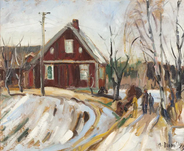 ANDERS OLSON (1880-1955). Gård i vinterlandskap, olja på pannå, signerad och daterad -42.