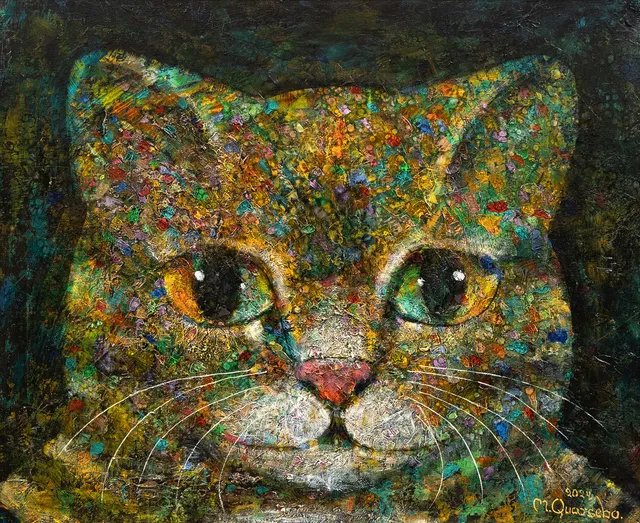 MICHAEL QVARSEBO. "Visionärt kattporträtt", olja på duk, signerad.