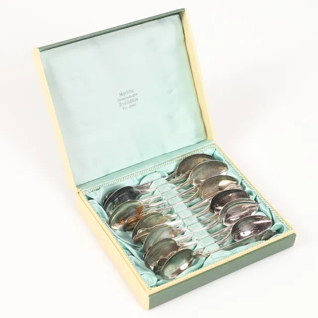 KAFFESKEDAR, 12 stycken, "Disa", silver, Mgab, 1959.