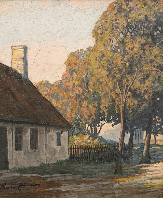 THEODOR JÖNSSON. UTEMILJÖ, OLJA PÅ PANNÅ, SIGNERAD.