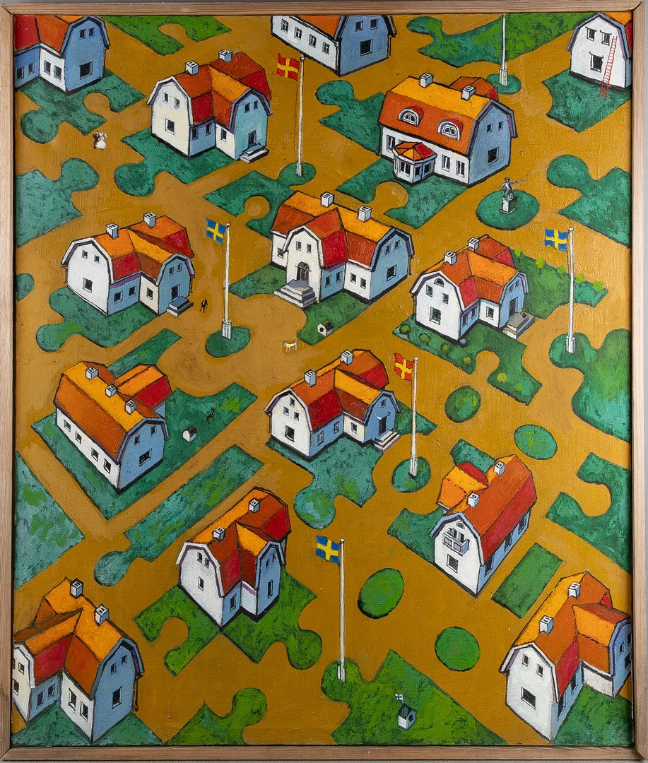 HÅKAN NYBERG (1938-2013). Komposition med hus, olja på duk. — Paintings — Stockholms Auktionsverk Helsingborg