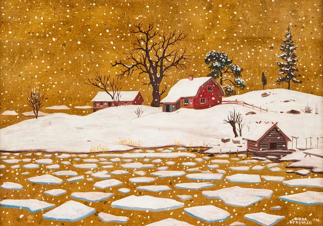 OSKAR BERGMAN. "Snö mot guld"/ Landskap med is och snö mot guldbakgrund.