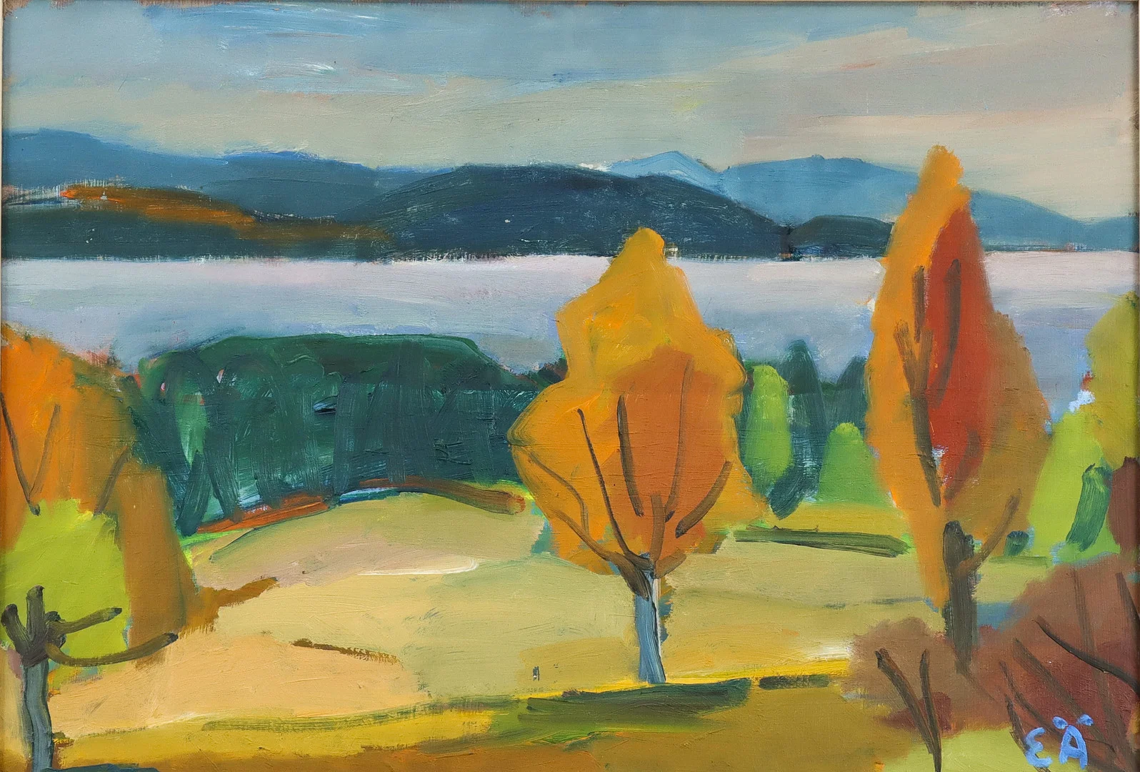 ERLING ÄRLINGSSON. Koloristiskt landskap, olja på pannå, signerad. — Paintings — Karlstad Hammarö Auktionsverk