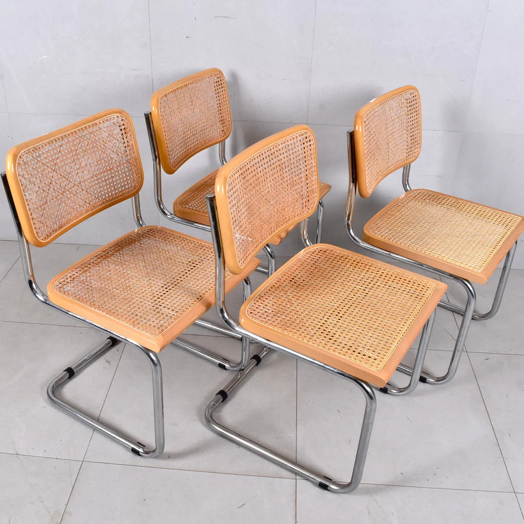 MARCEL BREUER. efter honom, stolar 4 st, krom stoppad mockaklädsel. — Armchairs & Chairs — Halmstads Auktionskammare