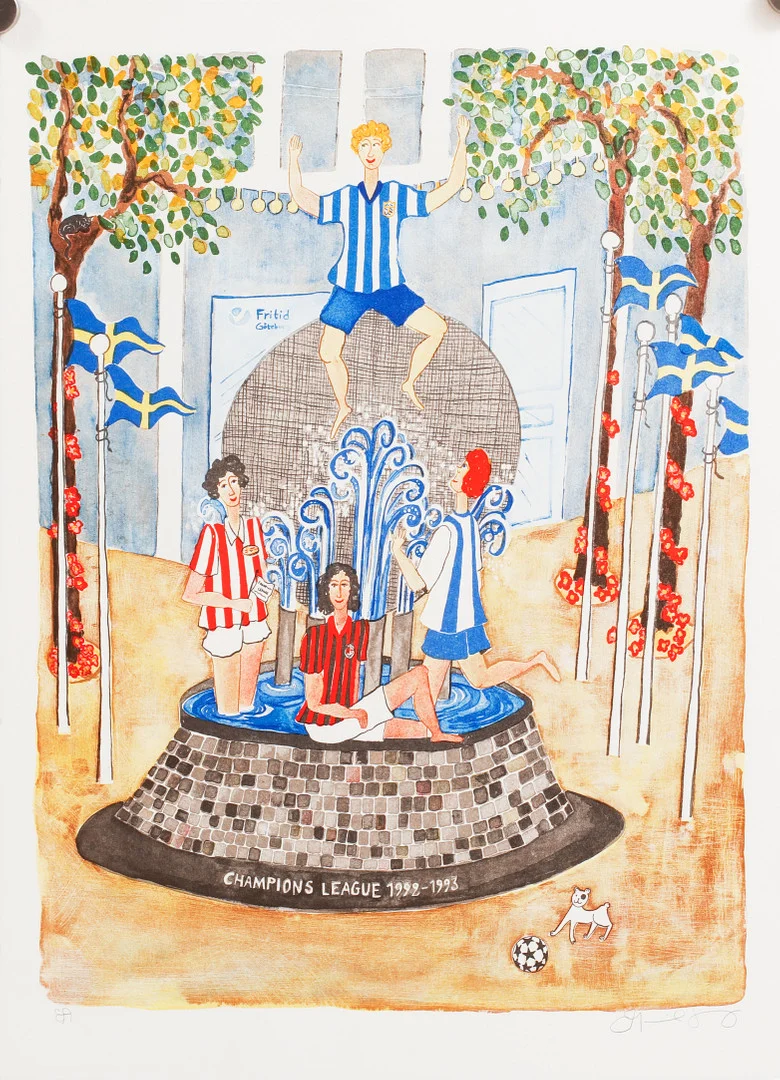 MARIKA LANG. "Champions League", färglitografi, signerad samt numrerad EA. — Engravings & Prints — Göteborgs Auktionsverk