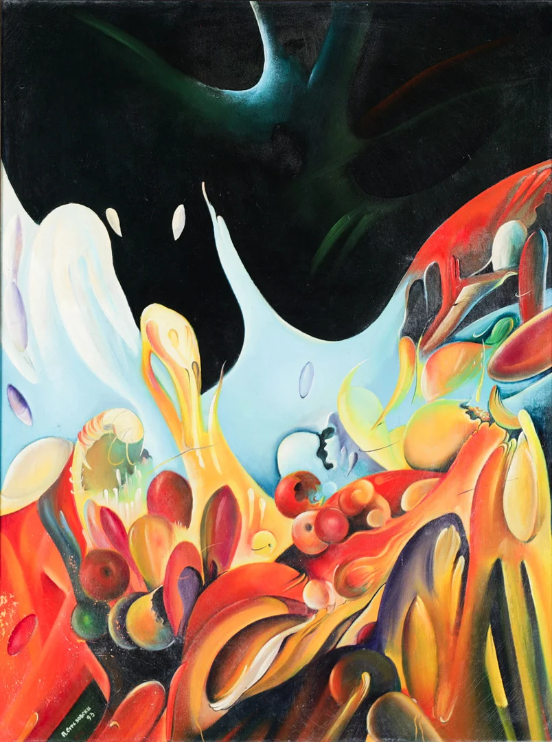 Ubekendt russisk kunstner, surrealistisk komposition, olie på lærred, signeret og dateret 1993. — Paintings — Palsgaard Kunstauktioner