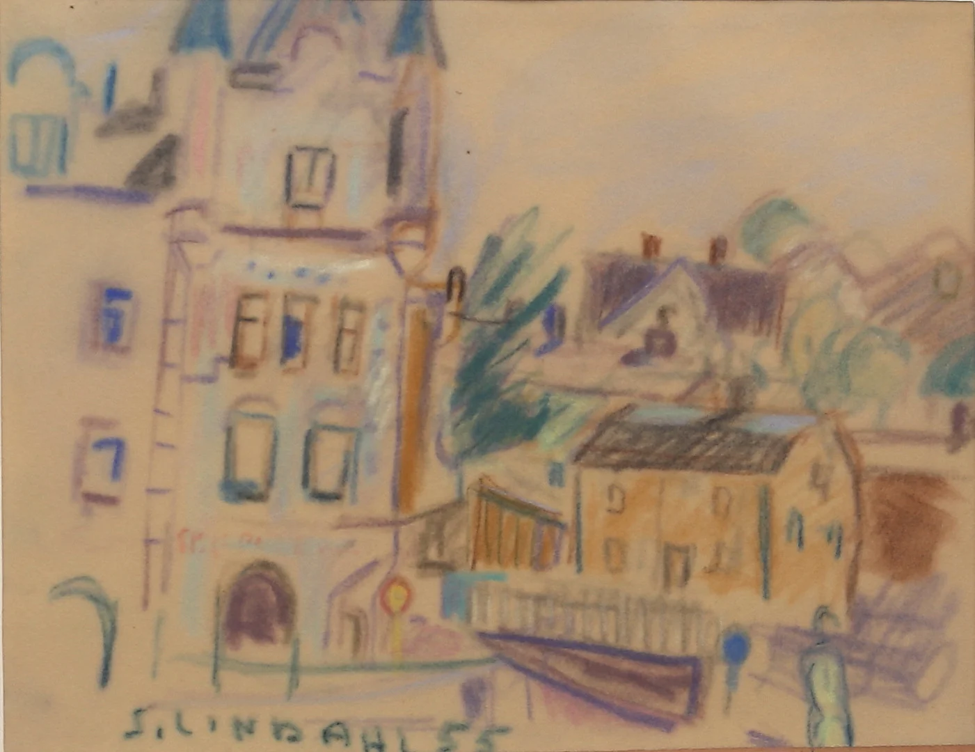 STEN LINDAHL. A. Peterssonska huset, Oskarshamn. Pastell, signerad och daterad 55. — Paintings — Auktionshuset Thelin & Johansson