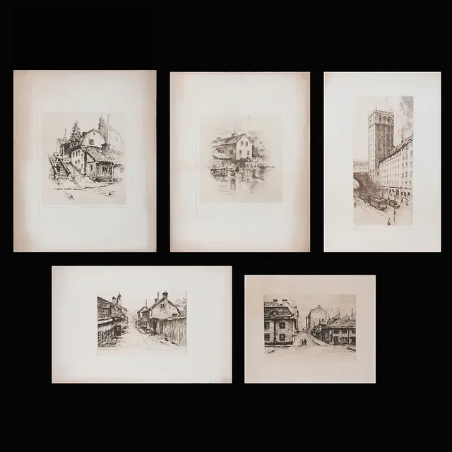 ERNST HÄLLGREN. 5 st. bl.a. "Lützengatan", "Saltmätaregatan" och "Babel", etsningar, signerad.