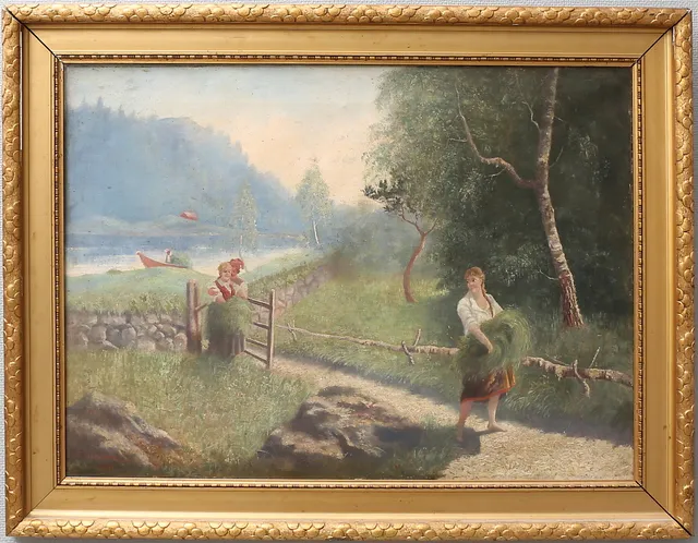 GÖSTA YDSTRÖM. Landskap med figurer. Olja på duk, signerad G. Ydström och daterad 1896.
