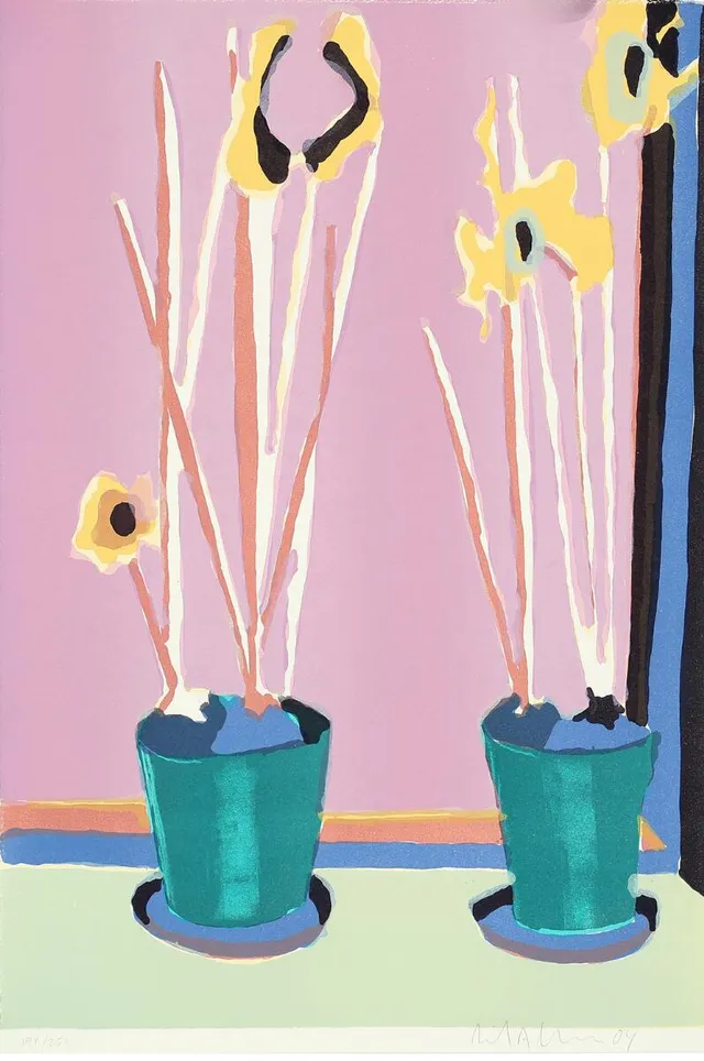 Flowers in pots. Signed Erik A. Frandsen 04. Lithograph in colours. Sheet size 56×38 cm. Unframed.