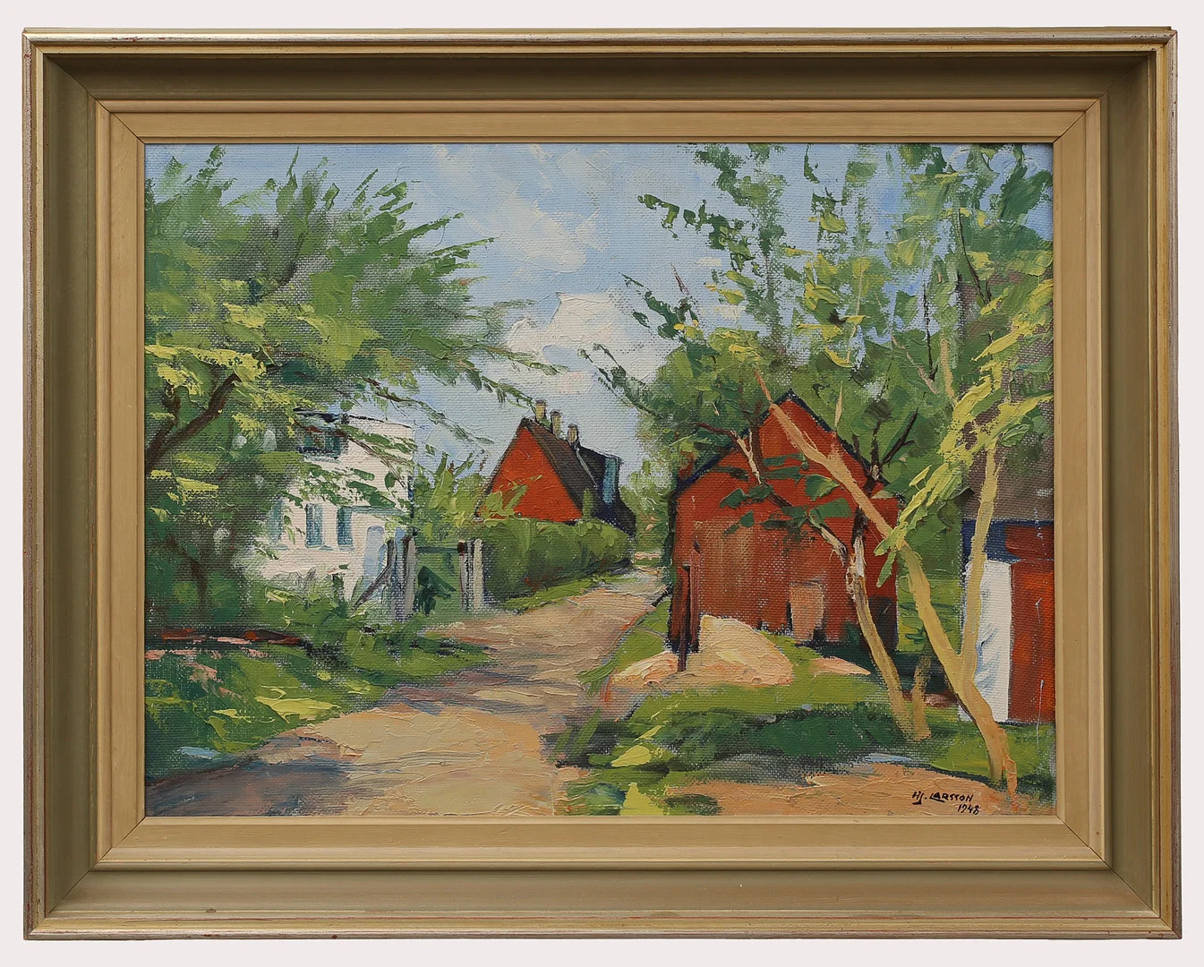 HJALMAR LARSSON. Olja på pannå, villaidyll, signerad, daterad 1948. — Paintings — Limhamns Auktionsbyrå