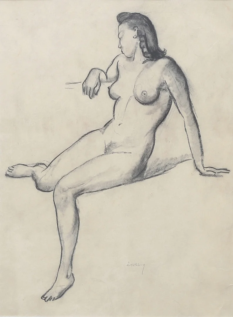 ÅKE NOTHBERG. Nakenstudie. Teckning, kolpenna, signerad. — Drawings — Auktionshuset Thelin & Johansson