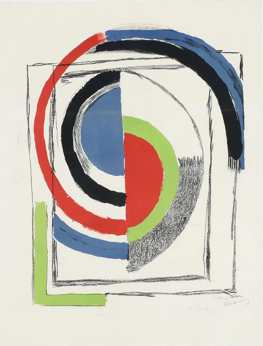 “À jour”, c. 1970. Signed S. Delaunay, bon à tirer and with annotations for the printer. Lithograph in colours. Sheet size 66×50 cm. — Modern Prints/Modern art — Bruun Rasmussen