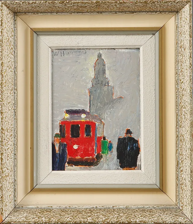 WILHELM HENNING. Figurer och spårvagn, olja på pannå, signerad.