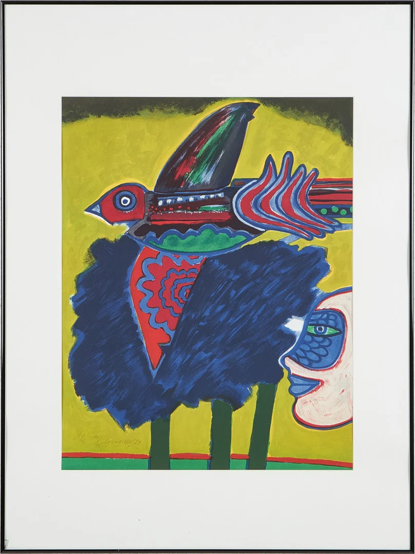 GUILLAUME VAN BEVERLOO, "CORNEILLE". Kvinna med fågel, färglitografi, H/C, 16/25, signerad och daterad '81. — Engravings & Prints — Stockholms Auktionsverk Magasin 5