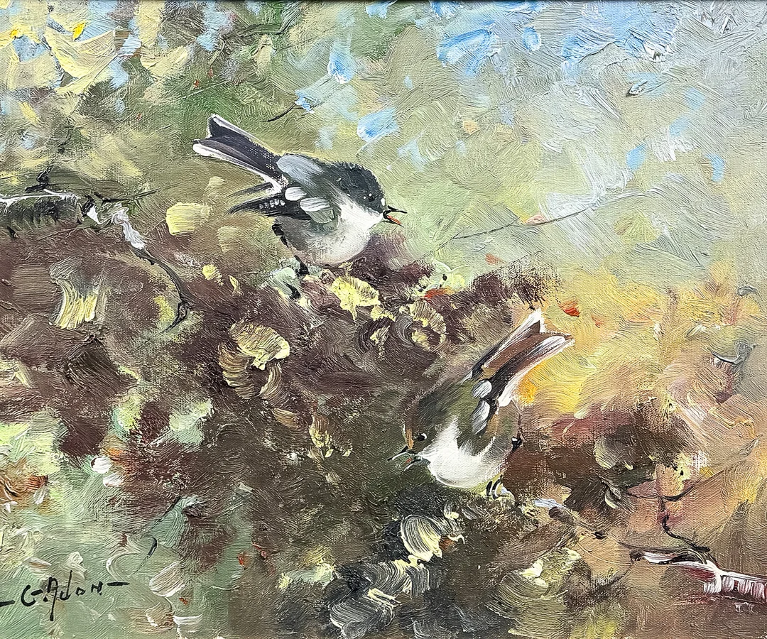 GUSTAV ADON. OLJA PÅ DUK, "Svartvit flugsnappare", signerad. — Paintings — Auktionshuset STO Bohuslän