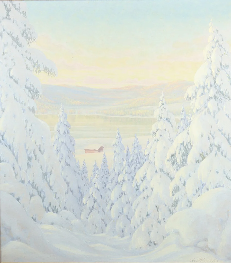 ERIC RHÖNNSTAD. Vinterlandskap med snötyngda träd, olja på pannå, signerad. — Paintings — Karlstad Hammarö Auktionsverk