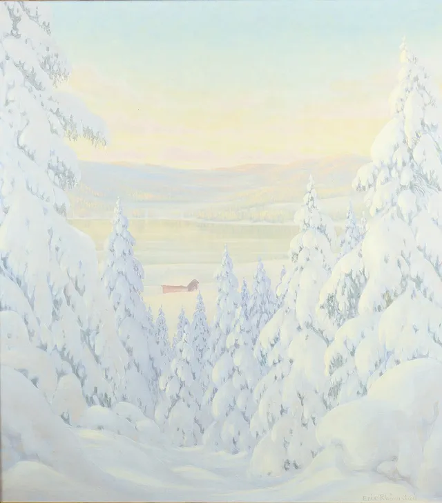 ERIC RHÖNNSTAD. Vinterlandskap med snötyngda träd, olja på pannå, signerad.