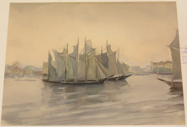 ALBERT ELDH. Båtar i hamnen. Gouache.