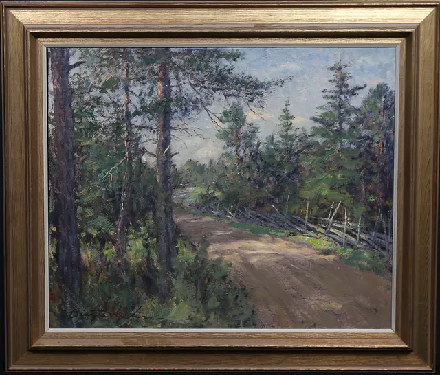 BIRGER HJELM. "Väg genom skogen". Olja på pannå, signerad, daterad a tergo Varv 1968.