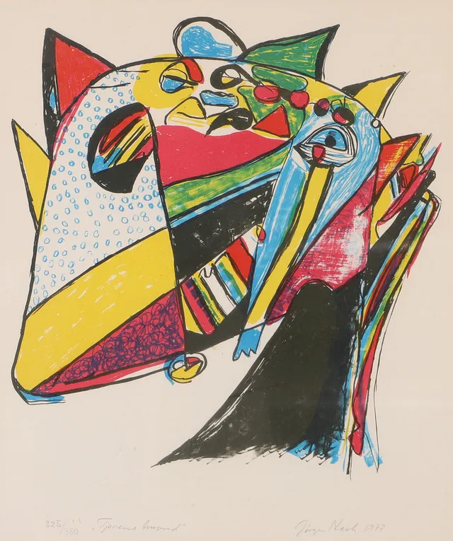 JÖRGEN NASH. "Tjurens huvud", färglitografi, signerad 1977.