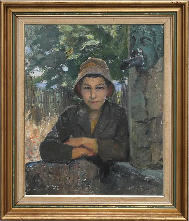 EMILIA LÖNBLAD. Gosse vid fontän, signerad, olja på duk.