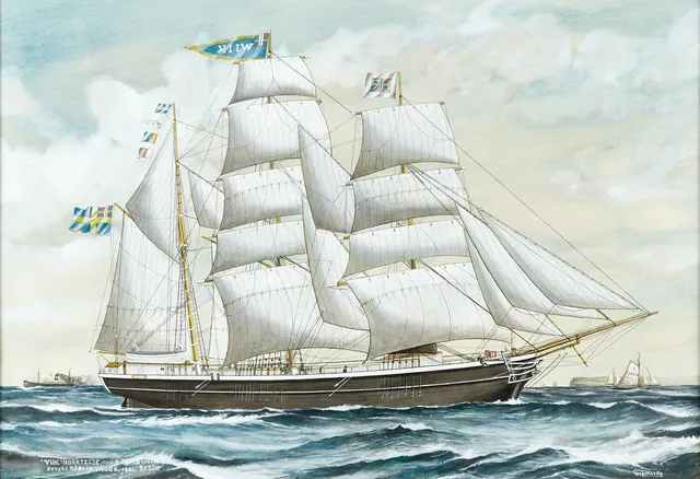 GUSTAF FREDRIKSSON (1901-82). "Viik Norrtelje", byggd Rörvik Väddö, signerad G Fredriksson, gouache.