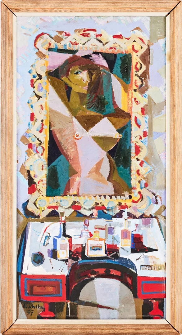 BERTIL WAHLBERG. Toilettebord med kvinna i spegeln, oljemålning på pannå, signerad och daterad Whlberg 57. — Paintings — Stockholms Auktionsverk Magasin 5