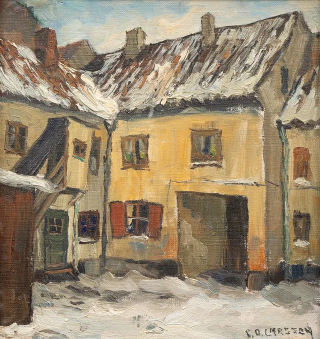 CARL OSCAR LARSSON. Innergård, olja på pannå, signerad.
