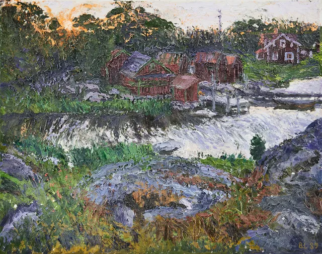 BO LARSSON. Skärgårdslandskap med röda hus.