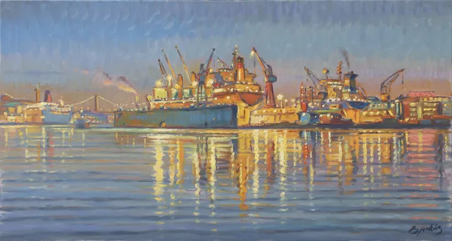 CARL BJERKÅS. "Nattarbete.Götaverken- Göteborgs hamn" olja på duk, signerad.