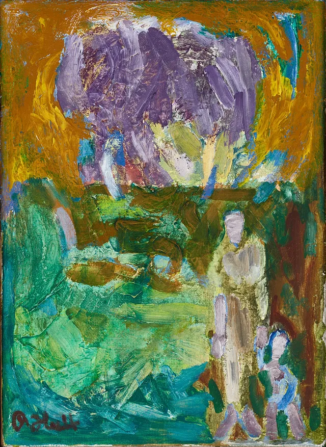 RAGNAR HULT (1916-1986): Parkmotiv med familj, signerad, olja på duk.
