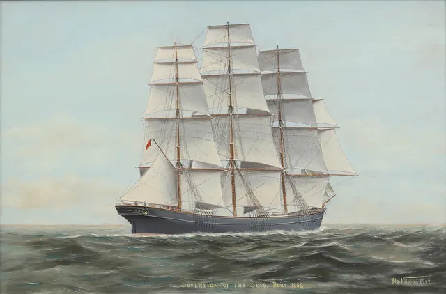 ALGOT NILSSON (1887-1973). "Sovereign the Seas, built 1852", olja på pannå, signerad och daterad 1947.