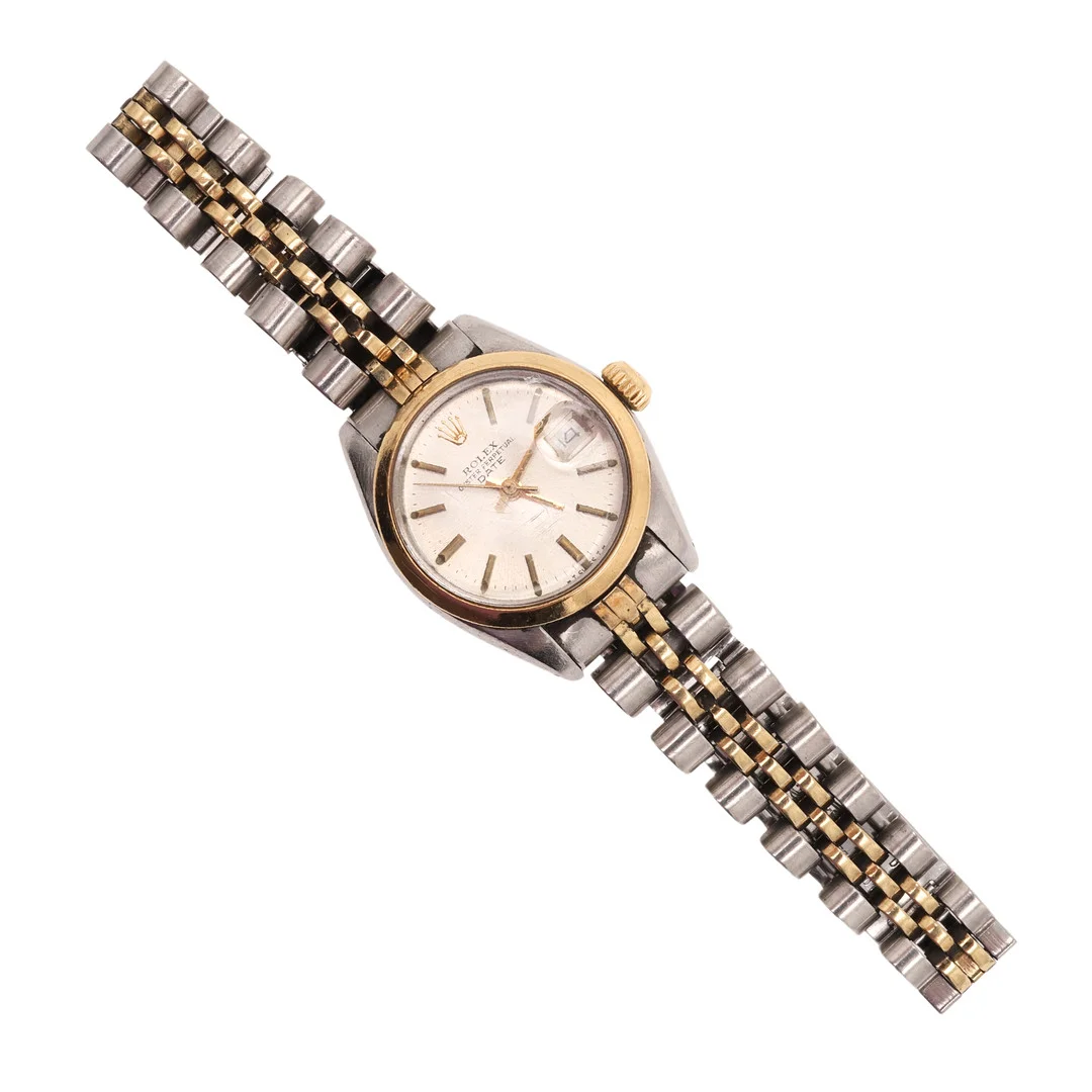 A LADY'S STAINLESS STEEL AND GOLD OYSTER PERPETUAL DATE WRISTWATCH BY ROLEX. — Wristwatches — Lawrences Auctioneers