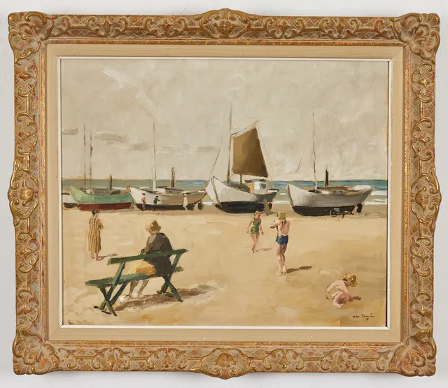AKKE KUMLIEN. Strandmotiv med med båtar, olja på duk, 50 x 60 cm.