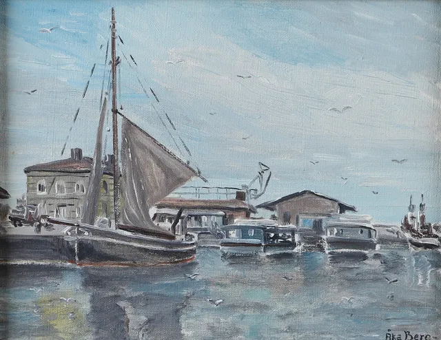 ÅKE BERG. "Helsingborgs hamn", olja på duk, signerad.