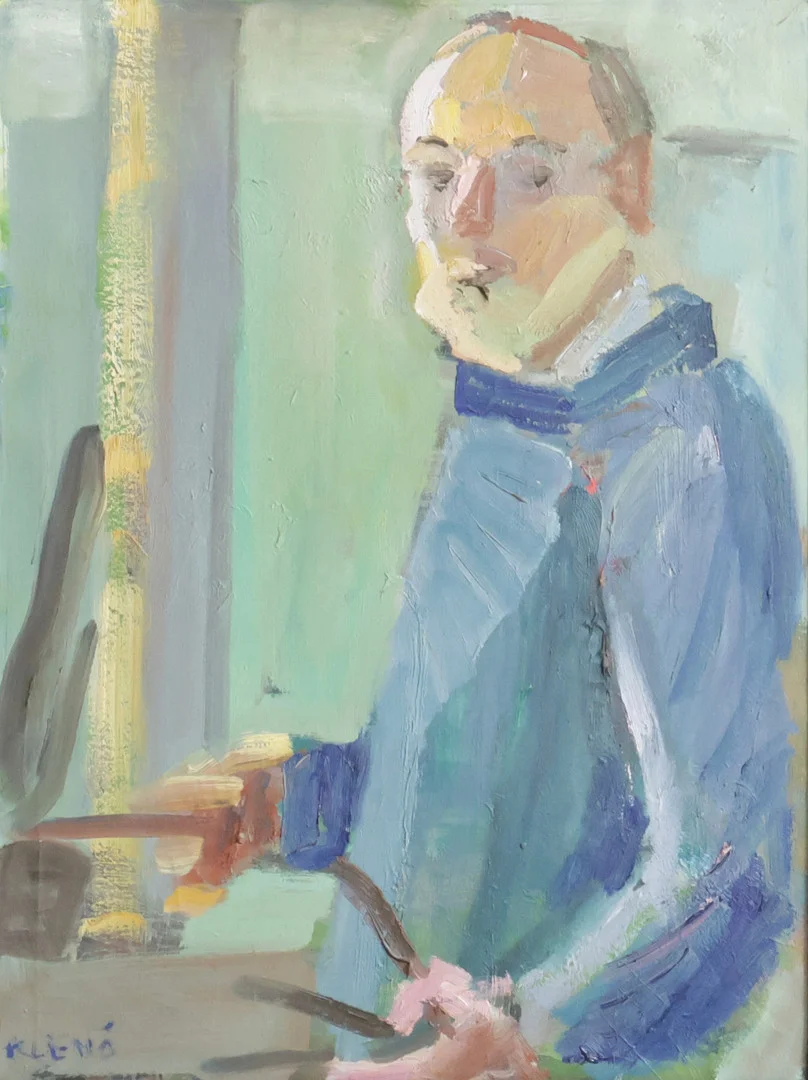 EVGENIJ KLENØ (F. NYKØBING FALSTER 1921, D. KØBENHAVN 2005). Selvportræt. Signeret, 'Klenø'. Olie på lærred. — Paintings — Woxholt Auktionshus